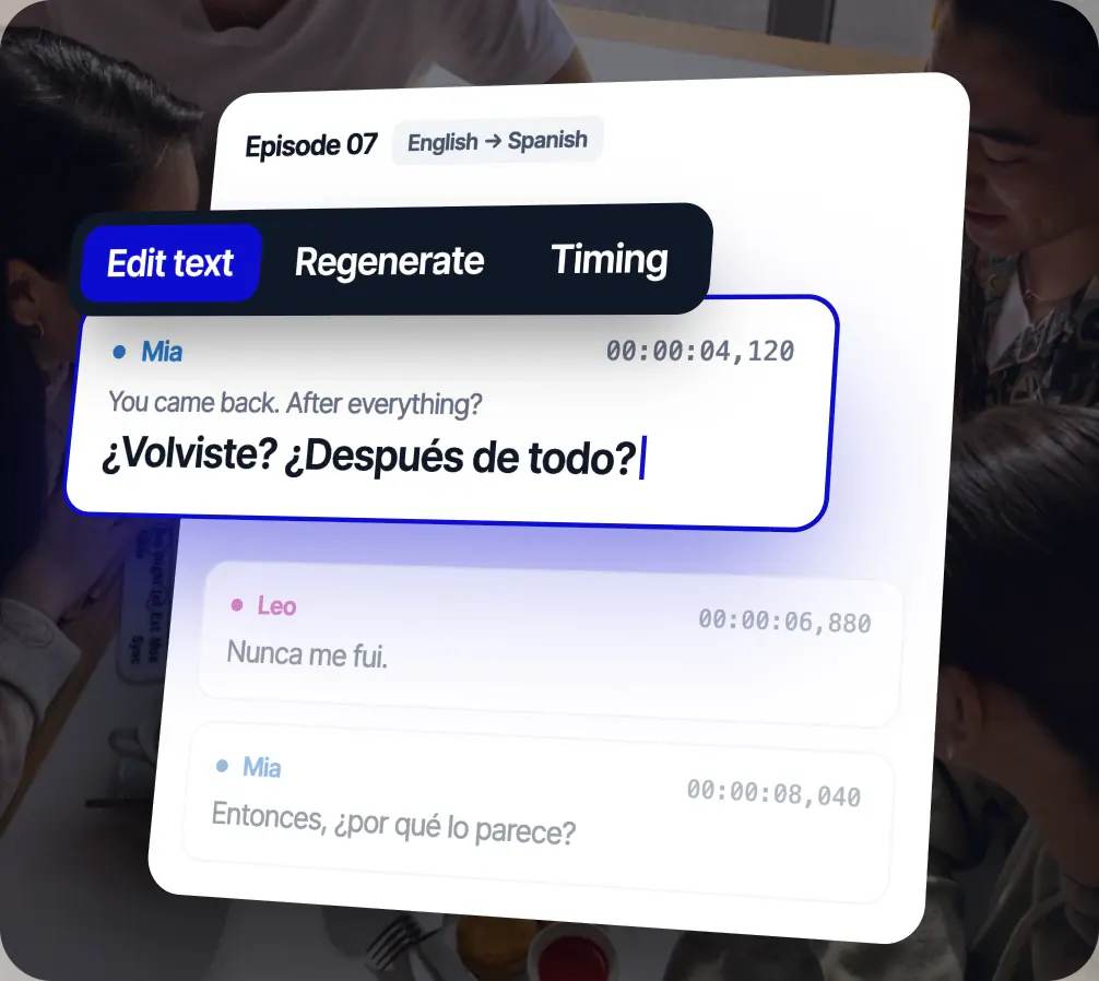 エピソード07のRaskラインエディター（英語からスペイン語）：ミアのセリフが編集中であり、「テキストを編集」、「再生成」、「タイミング」のアクションが表示されている
