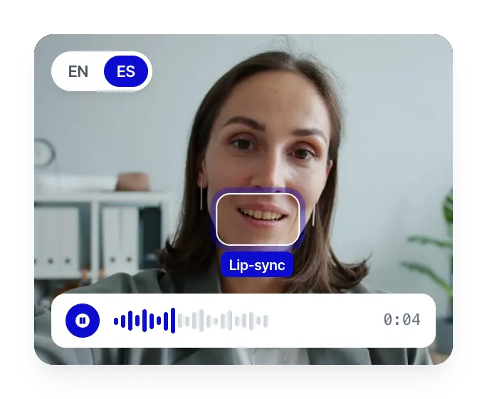 スペイン語の吹き替えに適用されたリップシンク：吹き替えのセリフの再生に合わせて、話し手の口元がハイライトされている