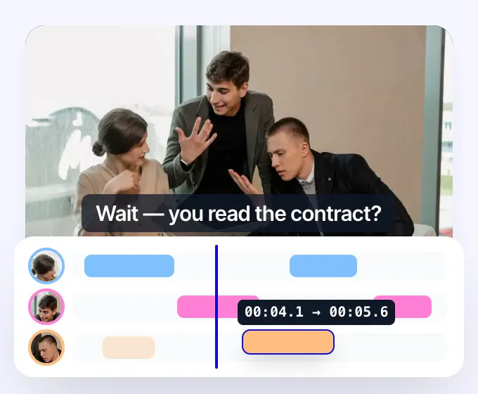 3人の話し手が登場するショートドラマのシーンのRaskタイムライン。1つのセリフのタイミングが 00:04.1 → 00:05.6 に調整されている