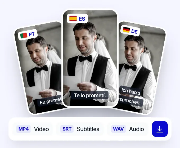 ポルトガル語、スペイン語、ドイツ語に翻訳された1つのショートドラマのシーン。MP4動画、SRT字幕、WAV音声としてエクスポートする準備が完了
